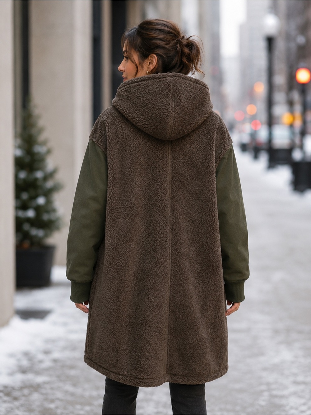 NWOT American Eagle SZ L brown/green faux fur coat w/fabric sleeves/bust 54” - Picture 3 of 15